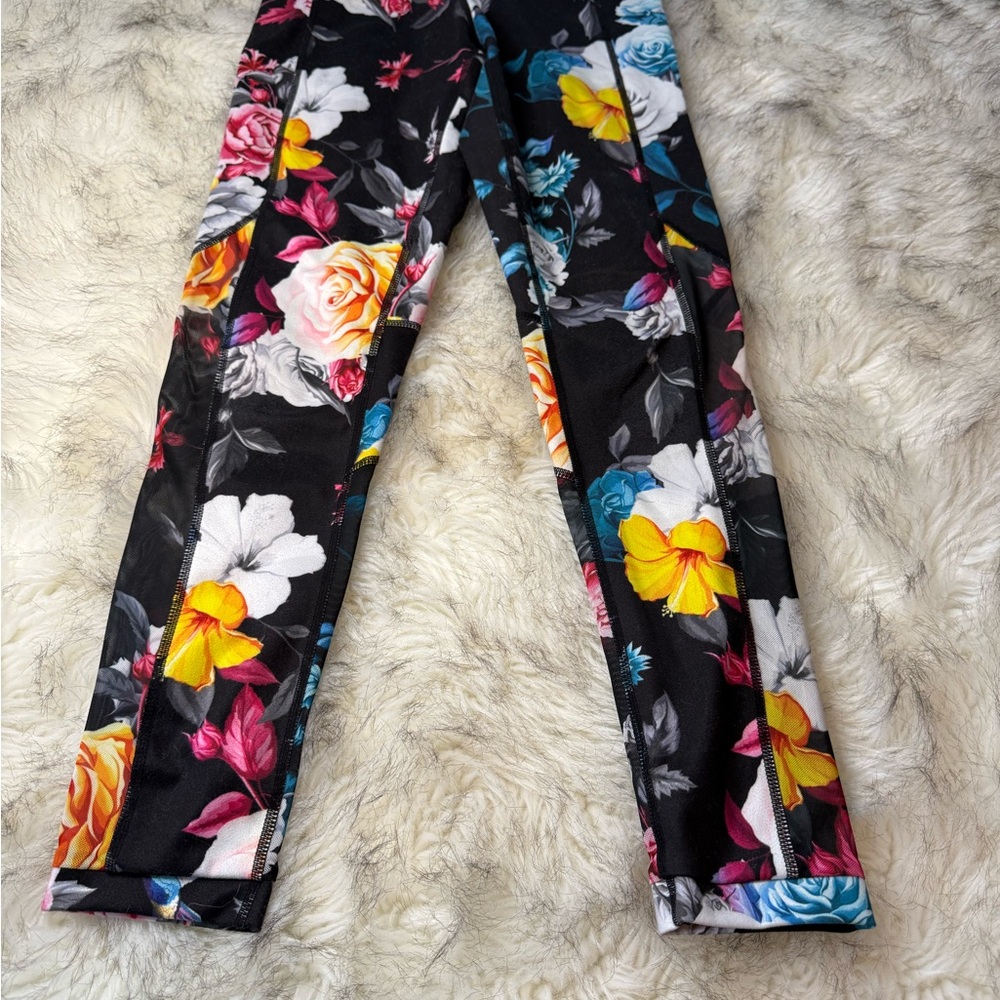 Black Floral Print Leggings with Vibrant Design